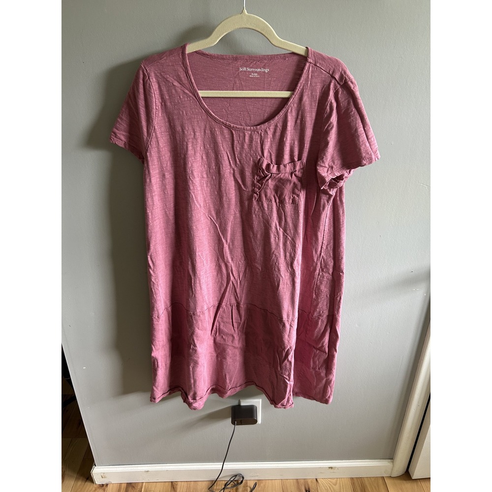 Soft Surroundings Pink Linen Blend Ruffle Pocket T-Shirt Dress XL 2FD88 Rose